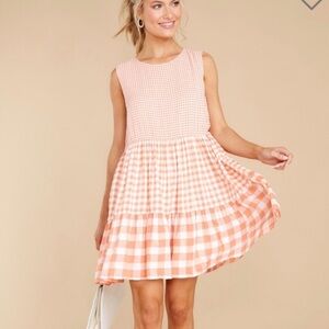 Red Dress Boutique Speak To Me Peach Gingham Dress size large peach mini dress